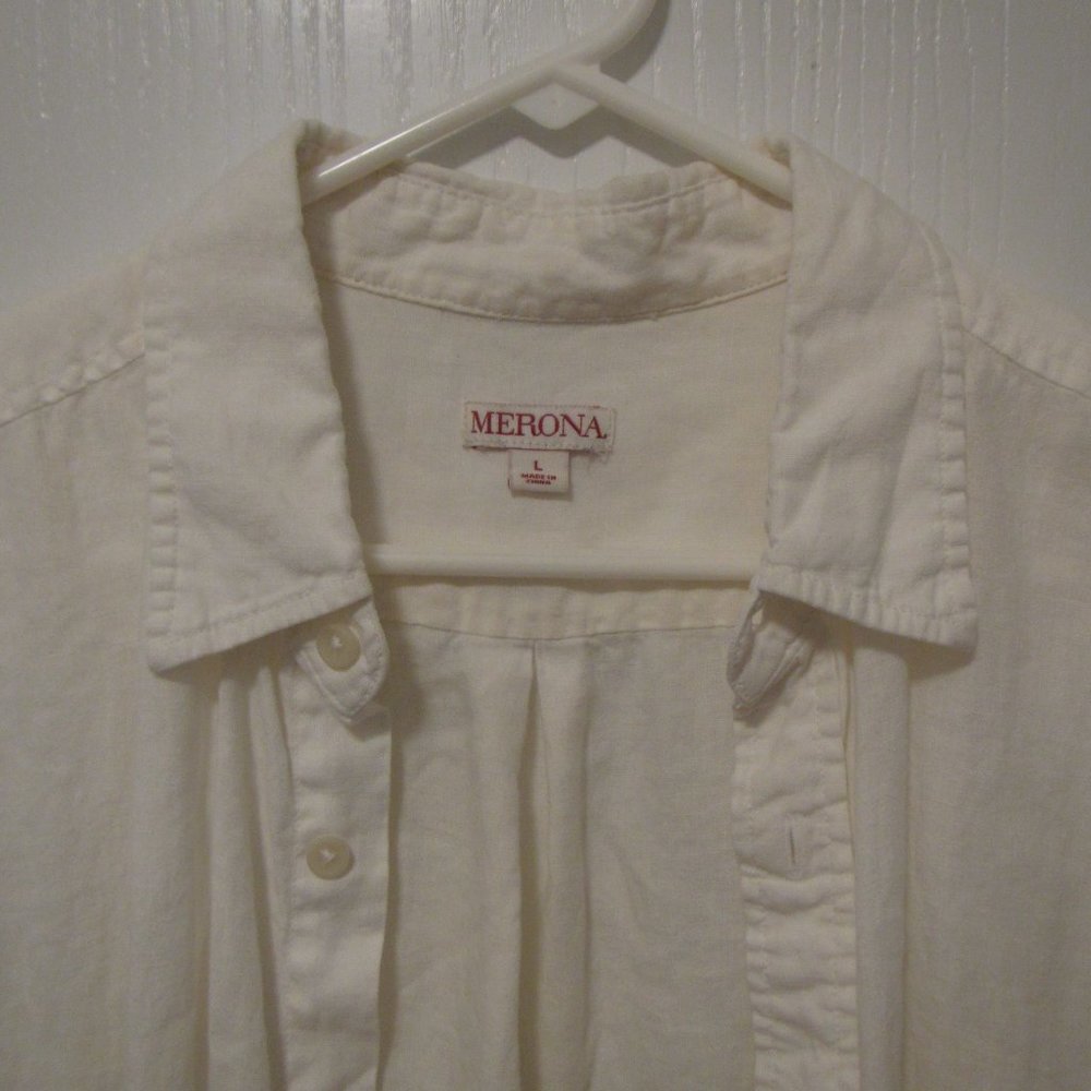 White Merona Men's 100% Linen Short Sleeve Button Down Shirt, L - Picture 2 of 5